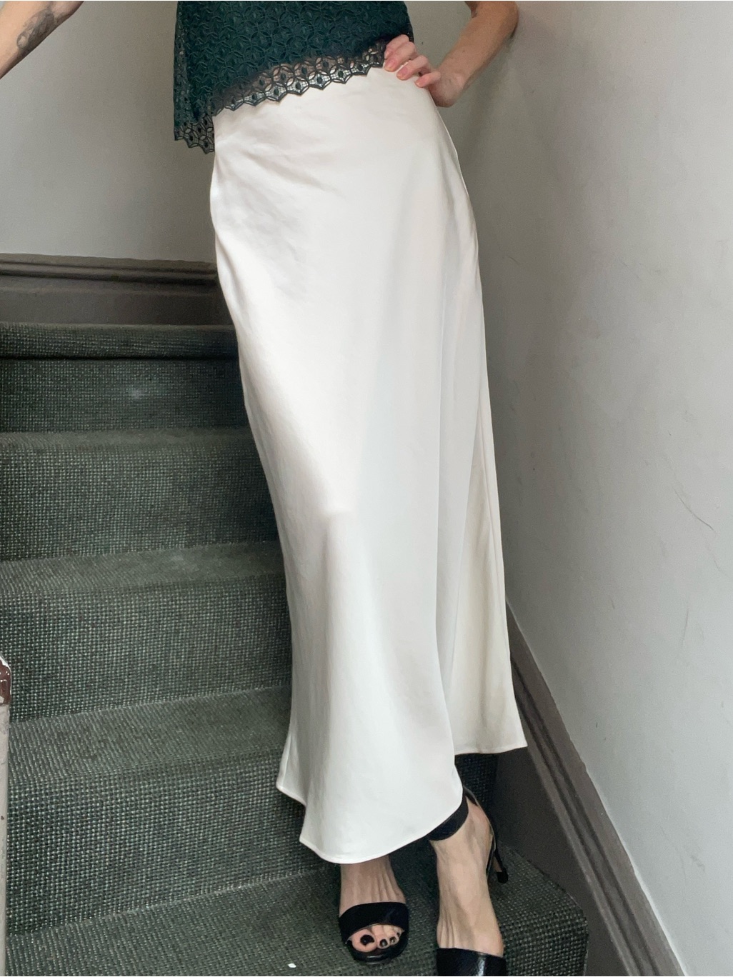 +Video New. Cream Satin Maxi Slip Skirt